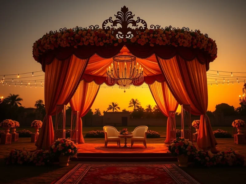 Opulent Indian wedding mandap on a five-star hotel lawn in Indore with warm gold and rose floral decor