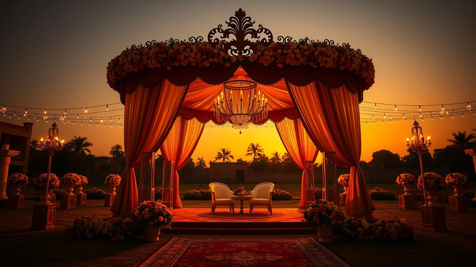 Opulent Indian wedding mandap on a five-star hotel lawn in Indore with warm gold and rose floral decor