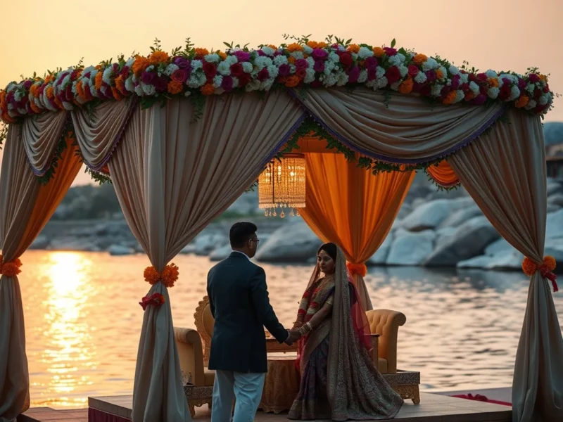 An elegant riverside wedding mandap near the Narmada ghats at Jabalpur at golden hour