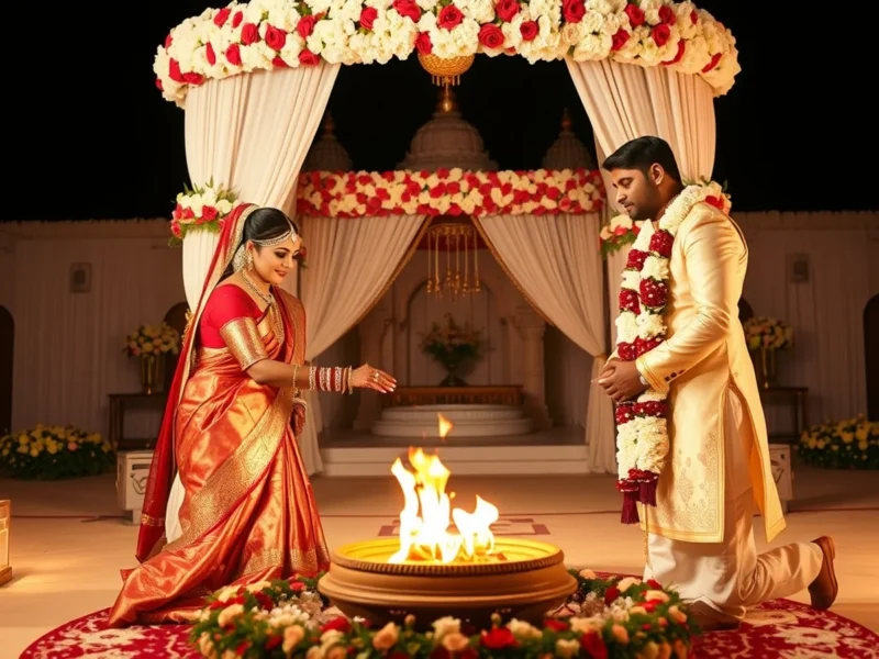 A Jain wedding with the couple circling the sacred fire under a white and gold floral mandap