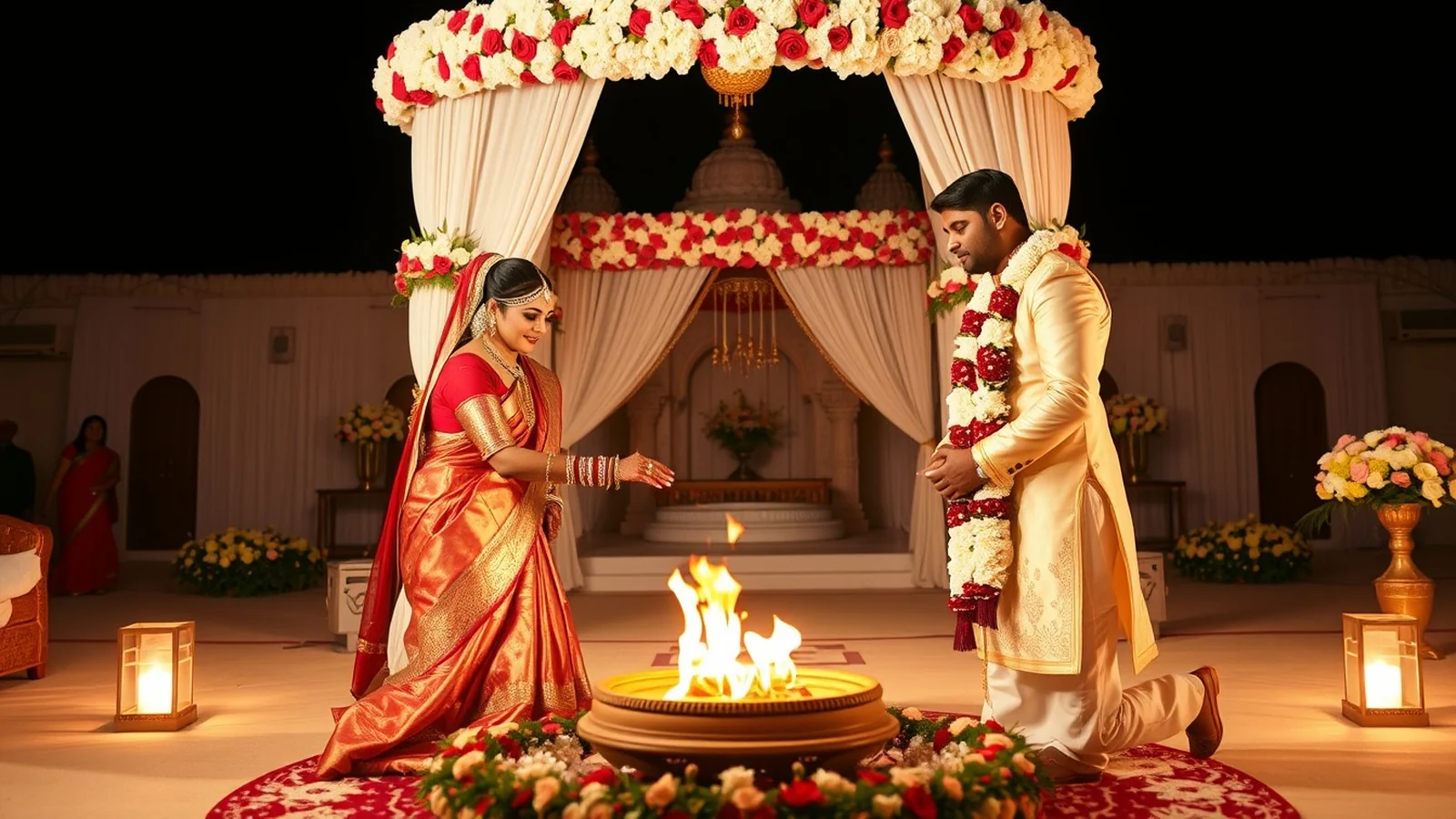 A Jain wedding with the couple circling the sacred fire under a white and gold floral mandap