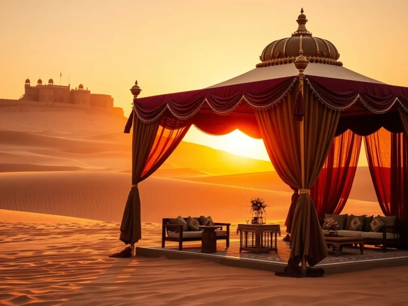 A luxury desert wedding tent on the Jaisalmer sand dunes at sunset
