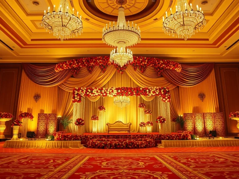 A lavish Punjabi wedding stage at a grand Jalandhar marriage palace at golden hour