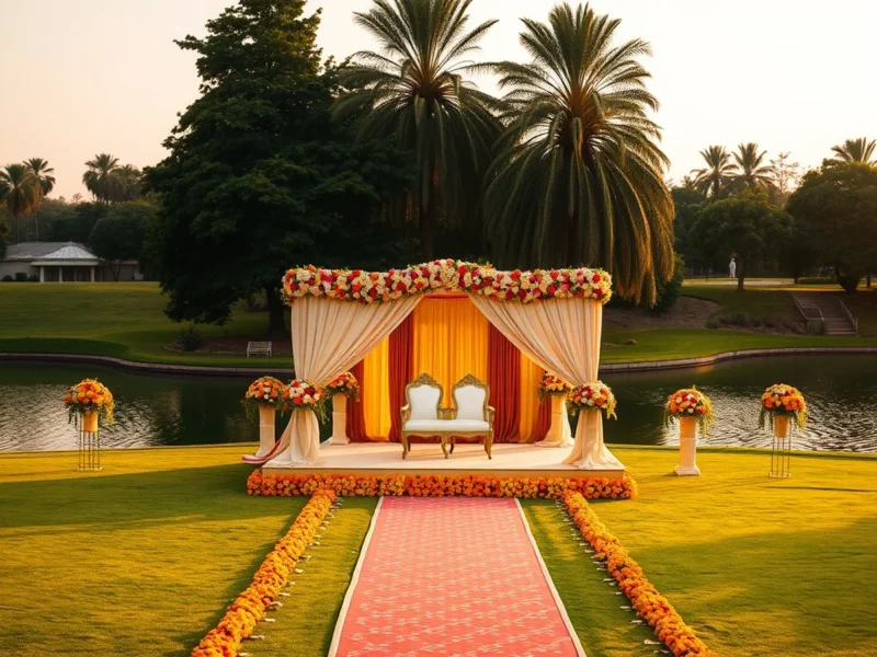 An elegant wedding stage at a lakeside Jamshedpur hotel lawn at golden hour
