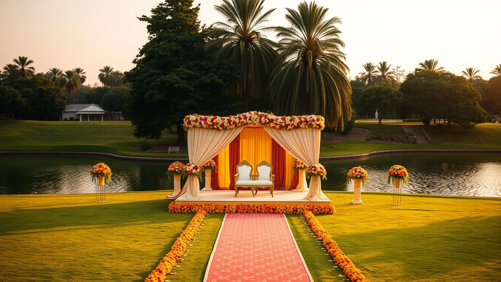 An elegant wedding stage at a lakeside Jamshedpur hotel lawn at golden hour