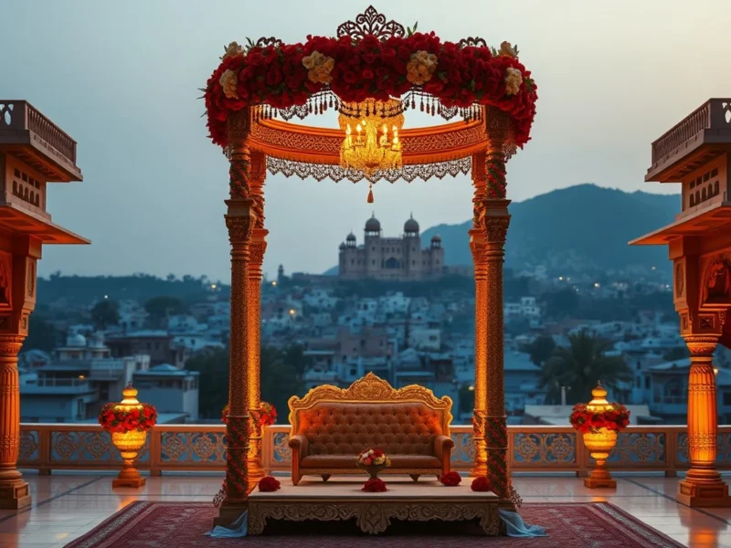 Royal Rajput wedding mandap in a Jodhpur palace courtyard with Mehrangarh Fort and the blue city behind it