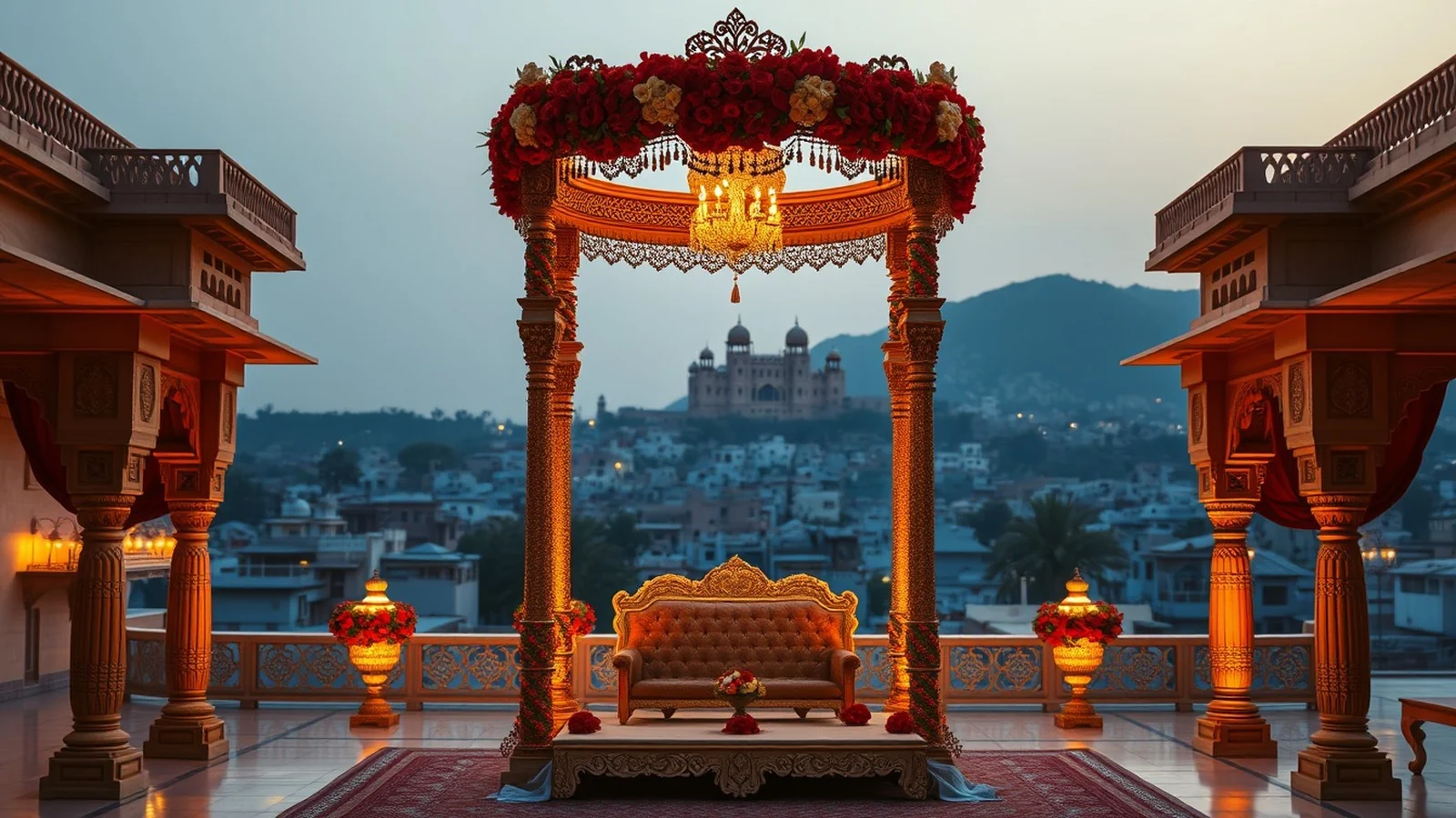 Royal Rajput wedding mandap in a Jodhpur palace courtyard with Mehrangarh Fort and the blue city behind it