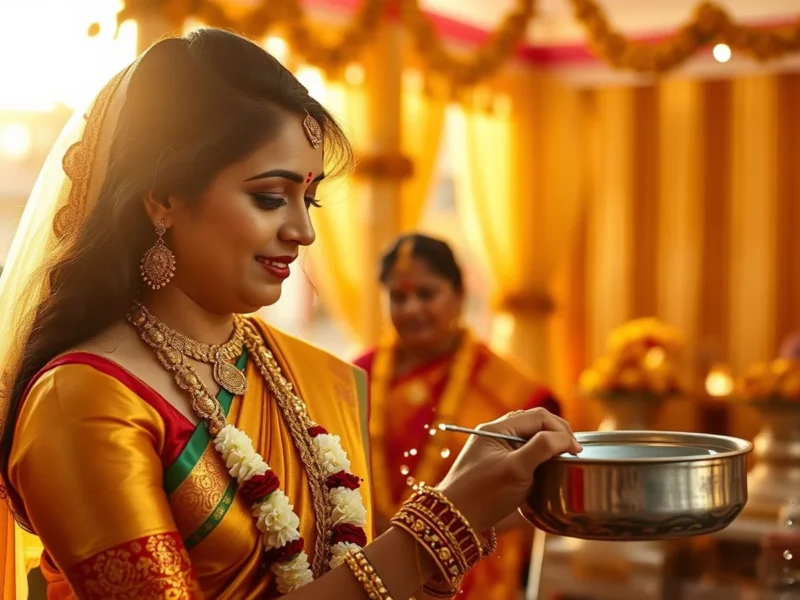 A Kannada Hindu wedding with the bride in a Mysore silk saree during the dhaare sacred-water ceremony