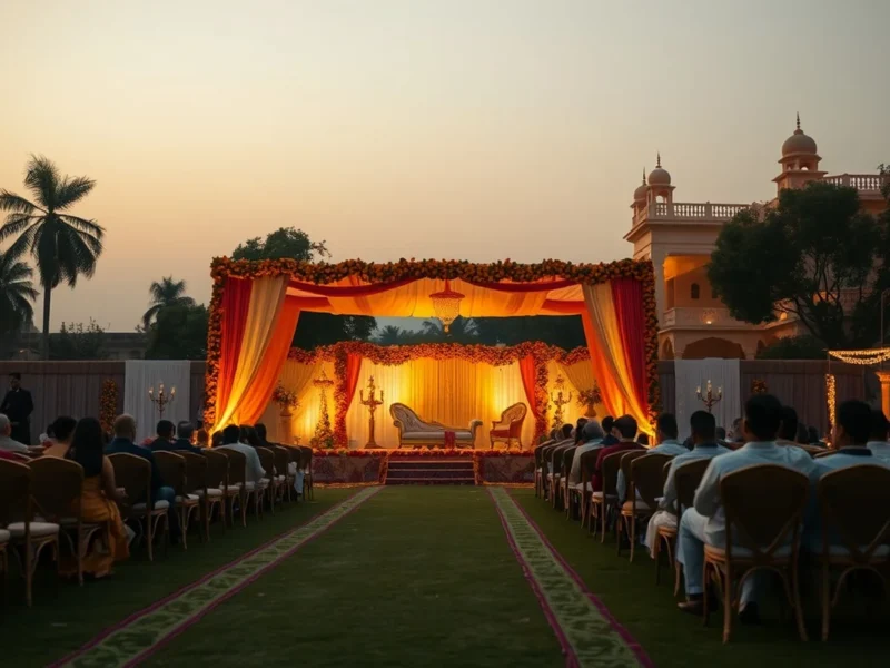 An opulent North Indian wedding stage at a Kanpur banquet lawn at golden hour
