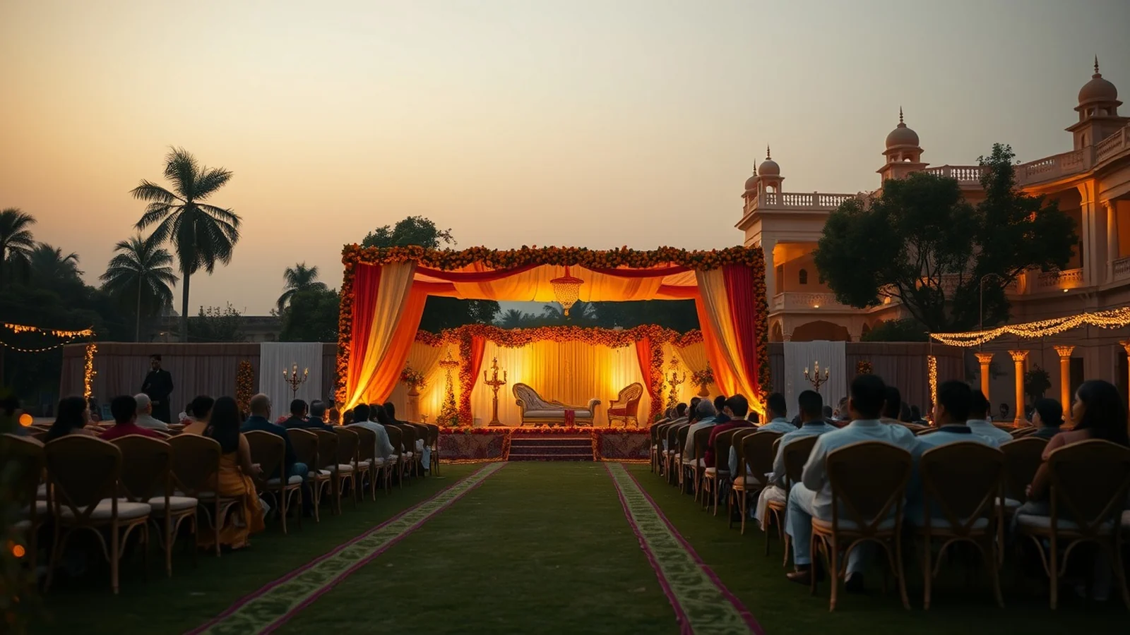 An opulent North Indian wedding stage at a Kanpur banquet lawn at golden hour
