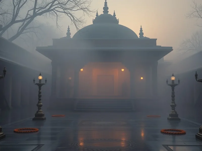 A quiet misty Indian temple courtyard at dawn during a pause in the wedding season