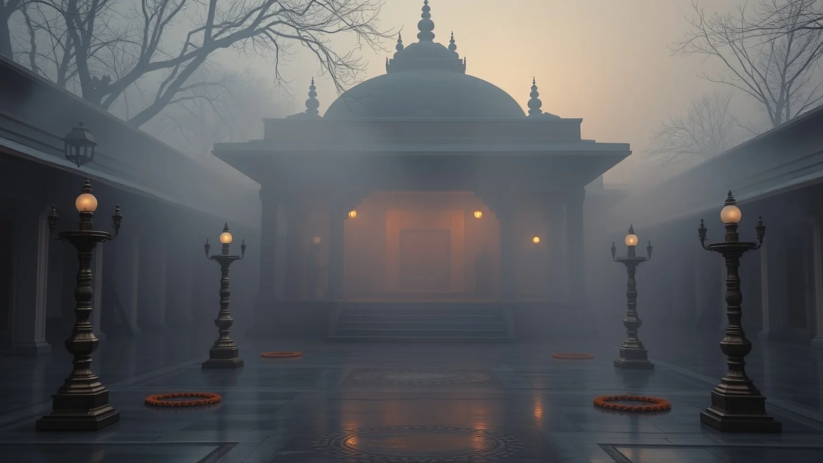 A quiet misty Indian temple courtyard at dawn during a pause in the wedding season