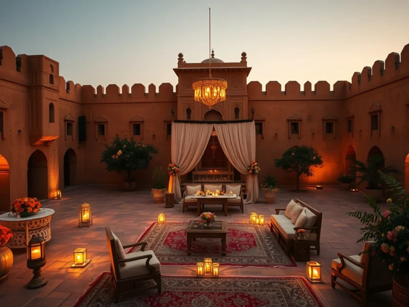 Rajput heritage-fort wedding setup in a Khimsar Fort desert courtyard at golden hour