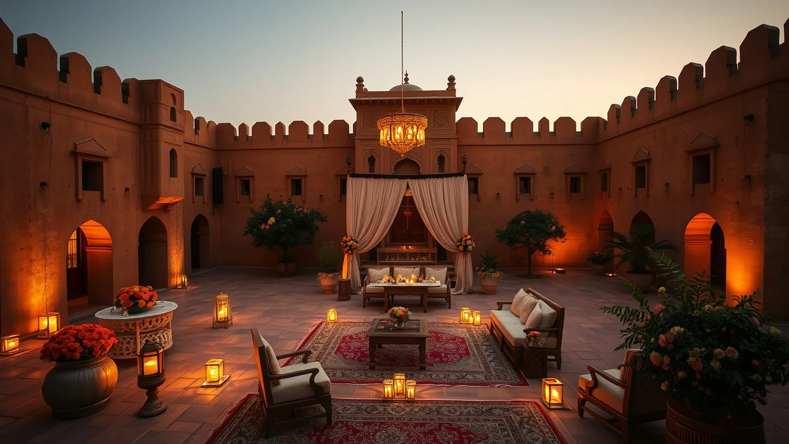 Rajput heritage-fort wedding setup in a Khimsar Fort desert courtyard at golden hour