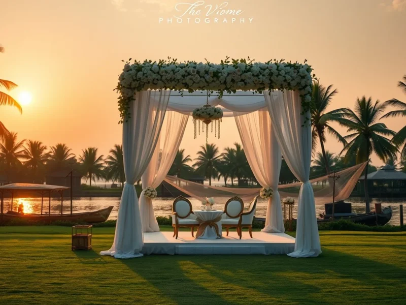 Waterfront wedding mandap on a Kochi backwater island lawn with coconut palms and fishing nets behind it