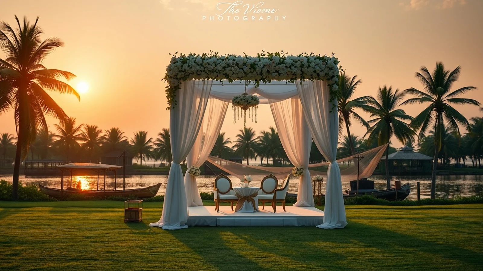 Waterfront wedding mandap on a Kochi backwater island lawn with coconut palms and fishing nets behind it
