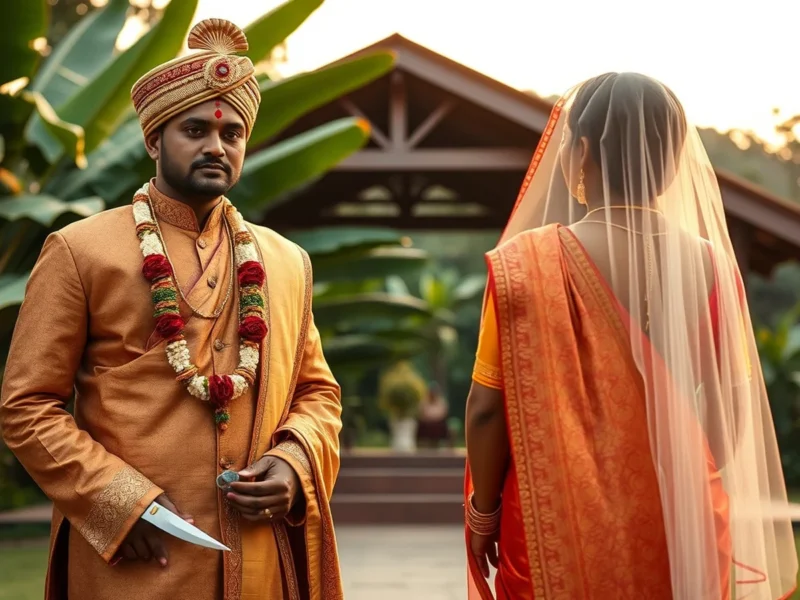 A Kodava Coorgi wedding with the groom in a Kupya-Chele robe and bride in a Kodagu saree at a green Kombare pavilion