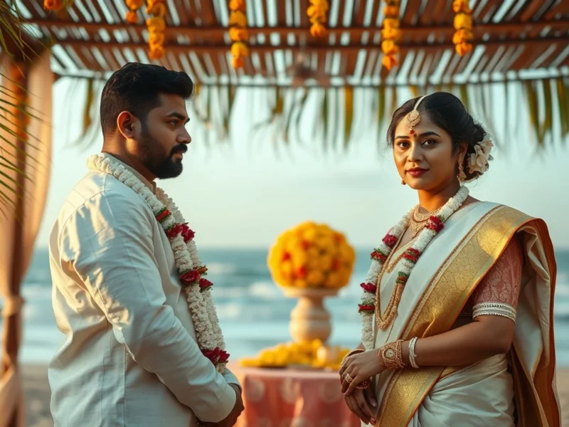 A Konkani GSB Hindu wedding with the antarpat cloth held before the couple under a coconut-leaf mandap