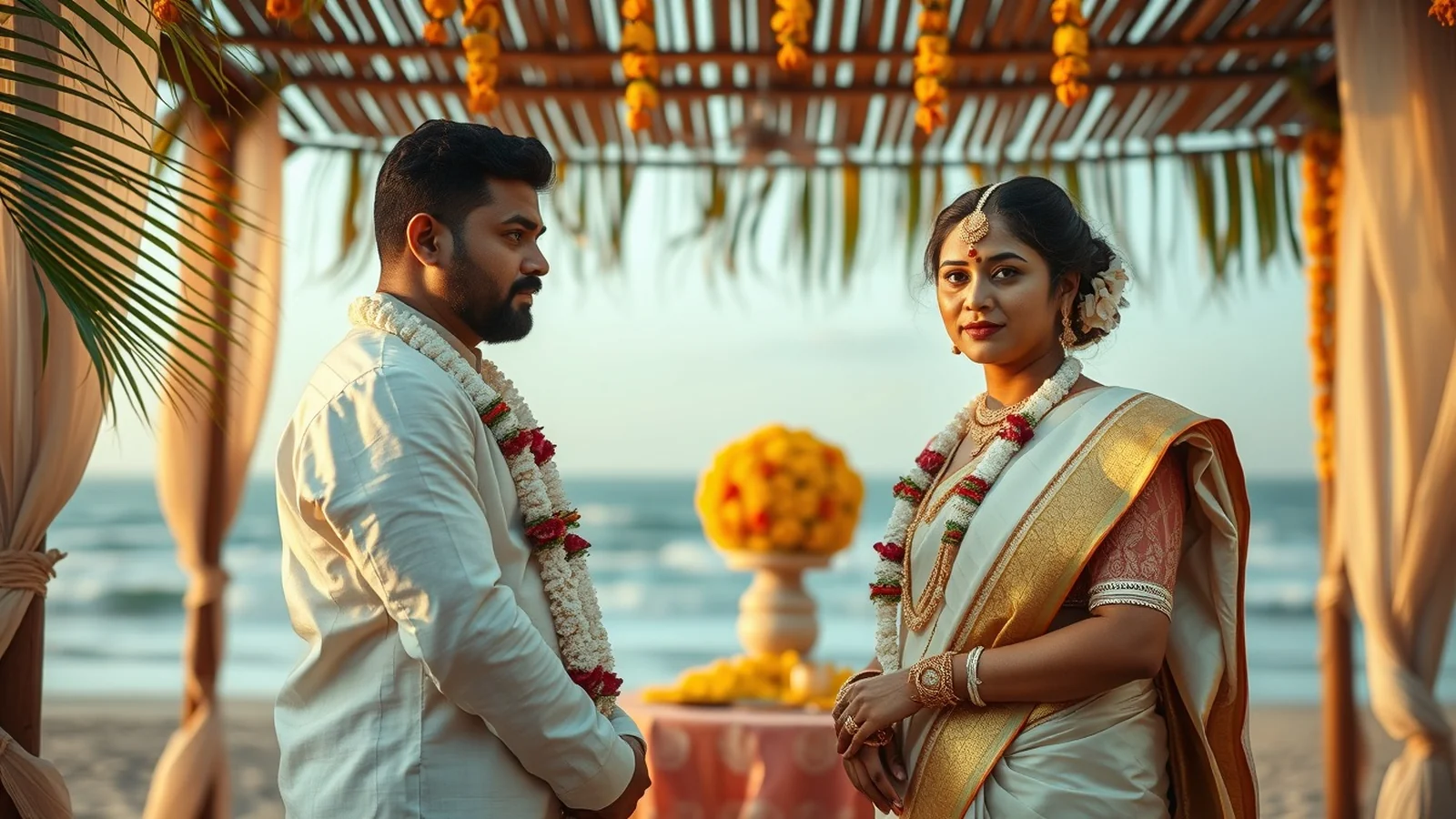 A Konkani GSB Hindu wedding with the antarpat cloth held before the couple under a coconut-leaf mandap