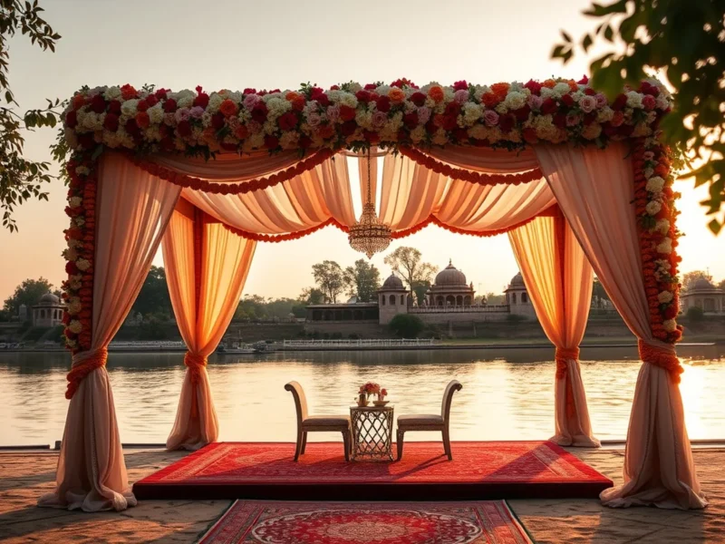 An elegant wedding mandap at a Kota marriage garden by the Chambal riverfront at golden hour