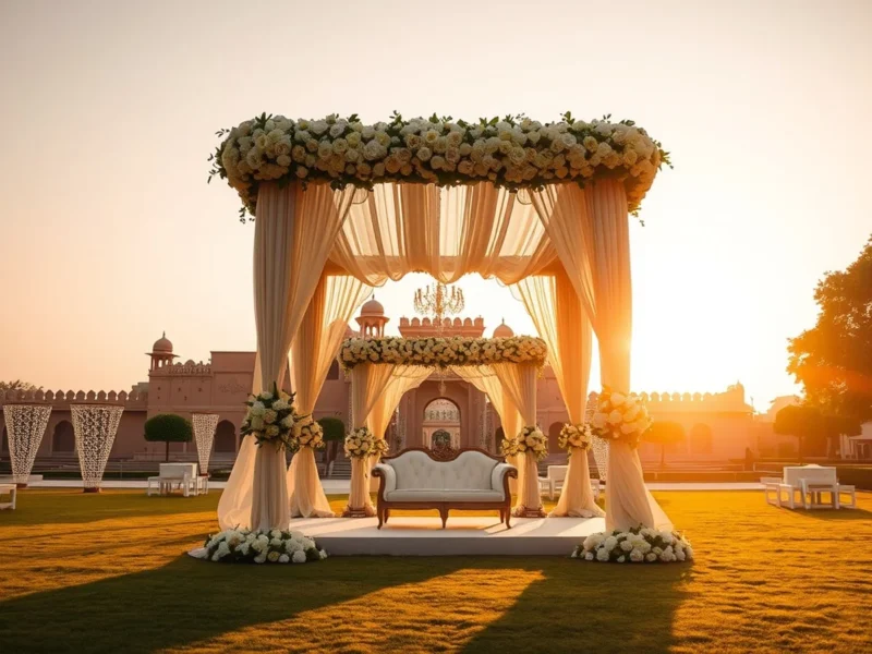 Resort wedding mandap on a Le Meridien Jaipur lawn with Rajput arches at golden hour