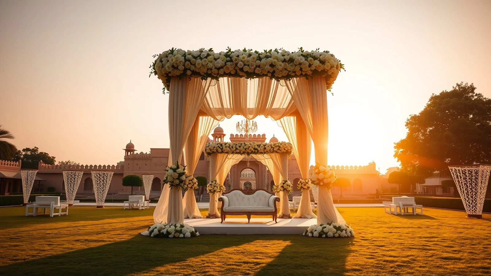 Resort wedding mandap on a Le Meridien Jaipur lawn with Rajput arches at golden hour
