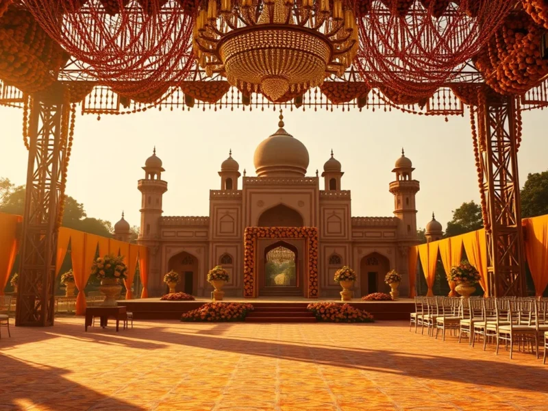 Nawabi-themed luxury wedding reception stage in Lucknow with the Rumi Darwaza behind it at golden hour