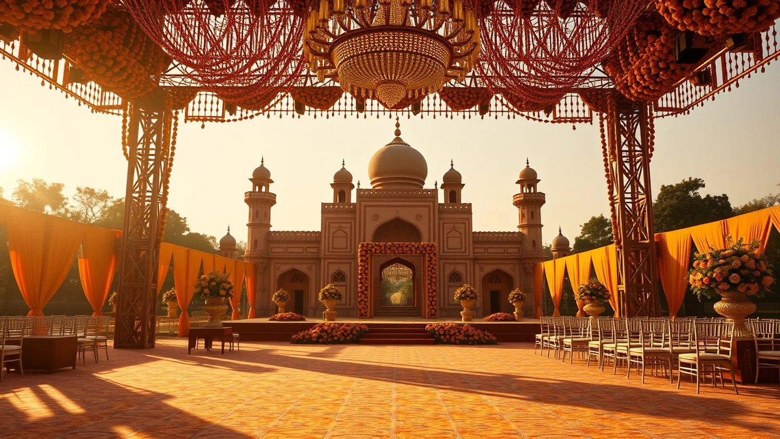 Nawabi-themed luxury wedding reception stage in Lucknow with the Rumi Darwaza behind it at golden hour