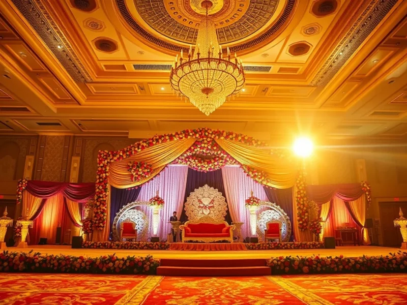 A lavish Punjabi wedding stage at a grand Ludhiana marriage palace at golden hour