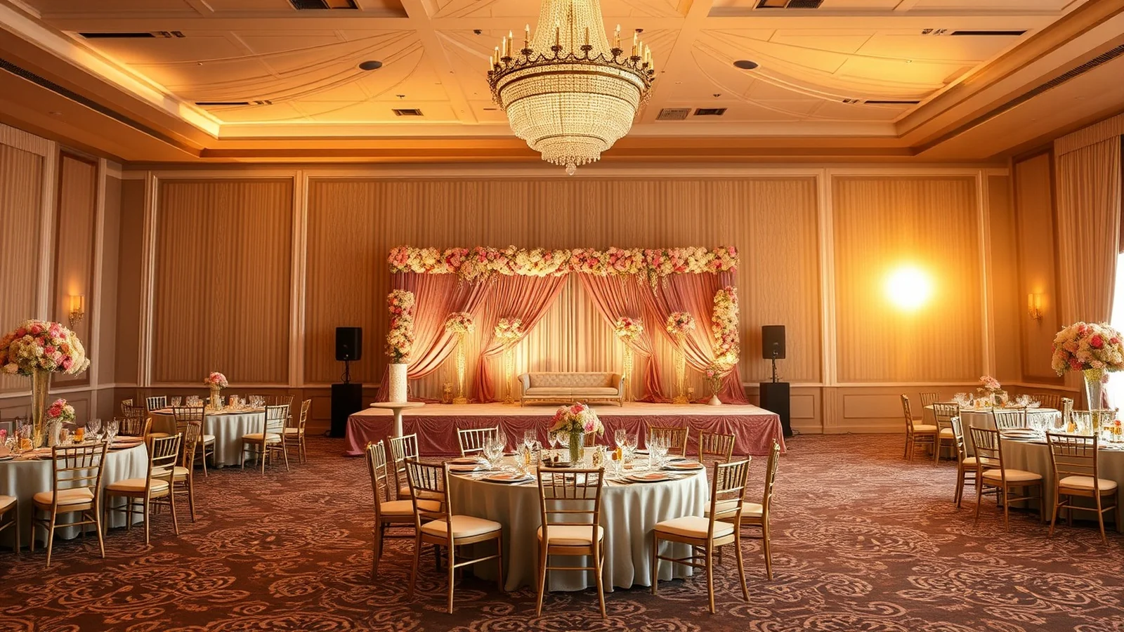 Elegant luxury Indian wedding reception fully styled at golden hour, representing full-service planning