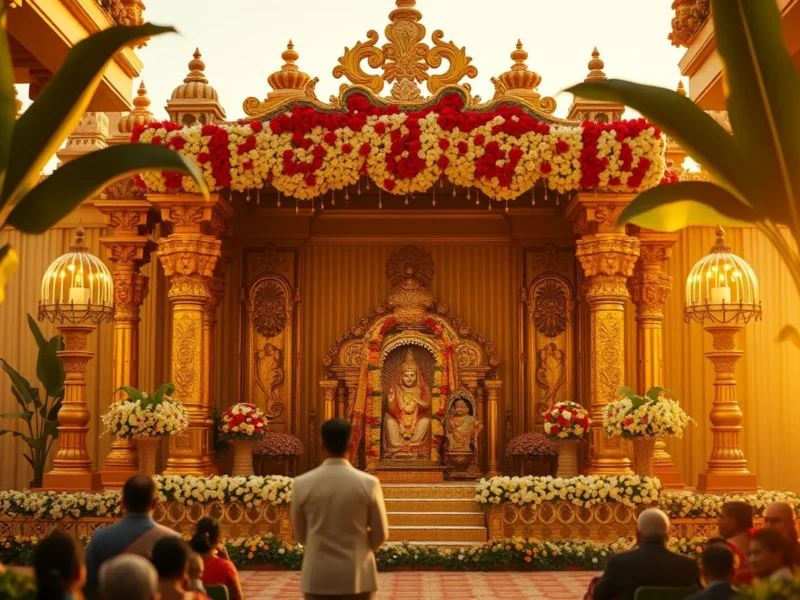 A traditional Tamil temple-city wedding stage at a grand Madurai kalyana mandapam at golden hour