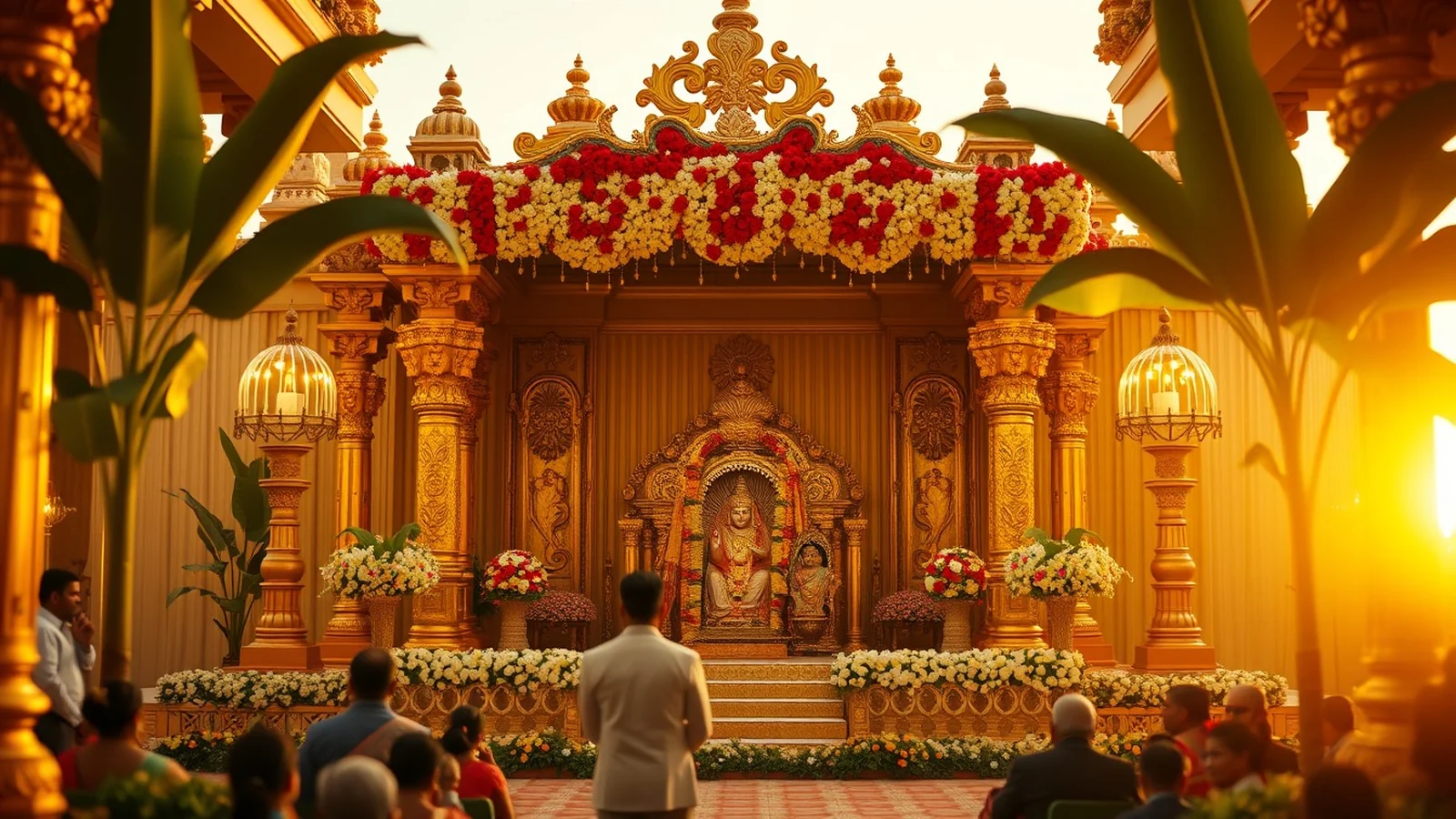 A traditional Tamil temple-city wedding stage at a grand Madurai kalyana mandapam at golden hour