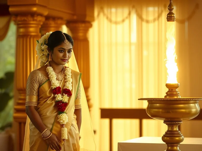 A Kerala Malayali Nair wedding at morning muhurtham with the bride in a Kasavu saree beside a brass lamp