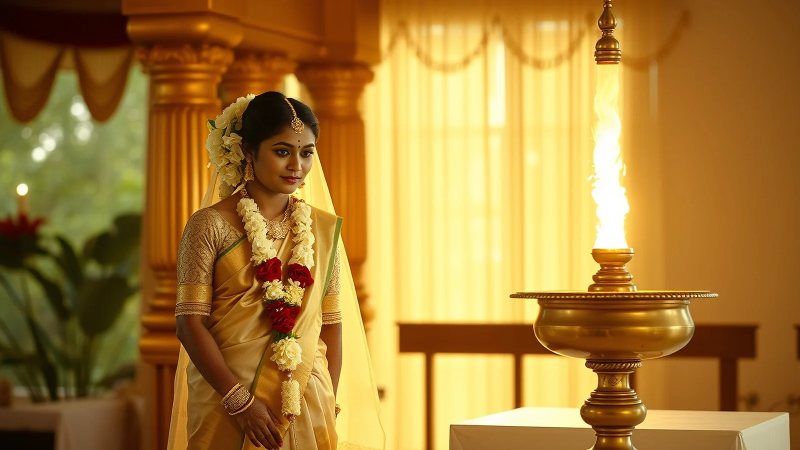 A Kerala Malayali Nair wedding at morning muhurtham with the bride in a Kasavu saree beside a brass lamp