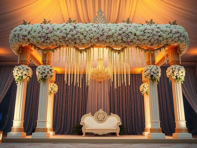 Opulent all-white and gold floral wedding mandap with four pillars and hanging florals at golden hour