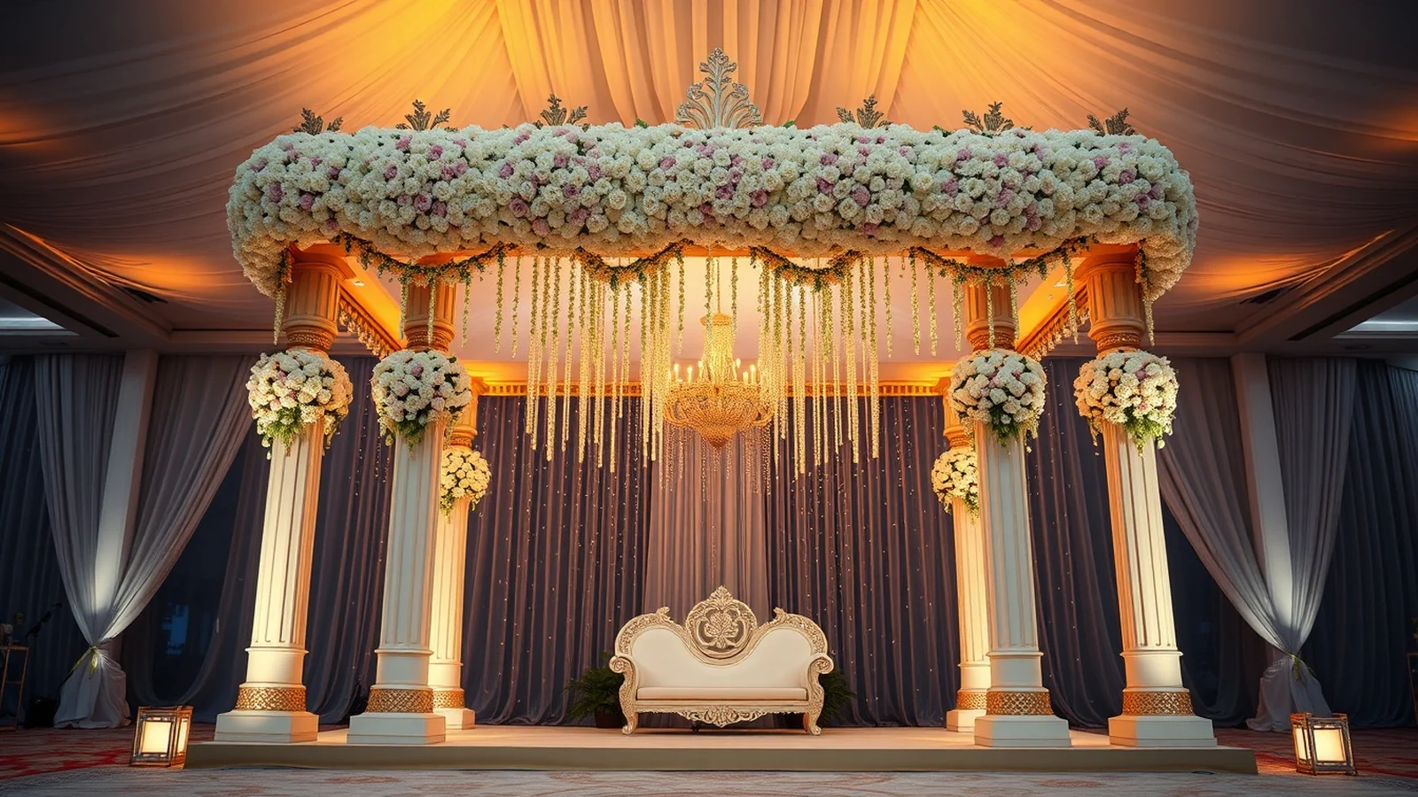 Opulent all-white and gold floral wedding mandap with four pillars and hanging florals at golden hour