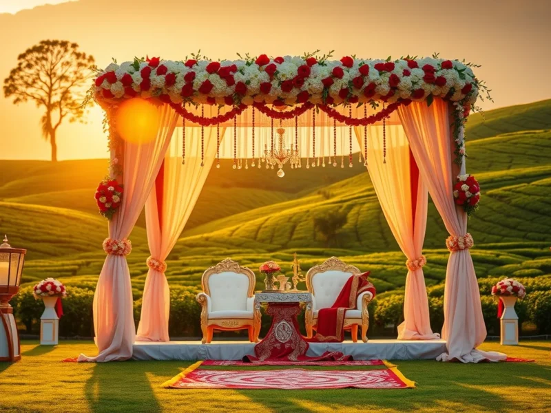 Assamese Indian wedding mandap on a green tea-garden lawn in Assam with tea estates behind it