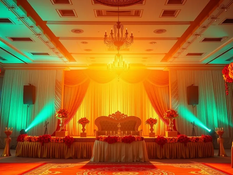 Traditional Indian wedding reception stage in Bihar with marigold and red floral decor at golden hour