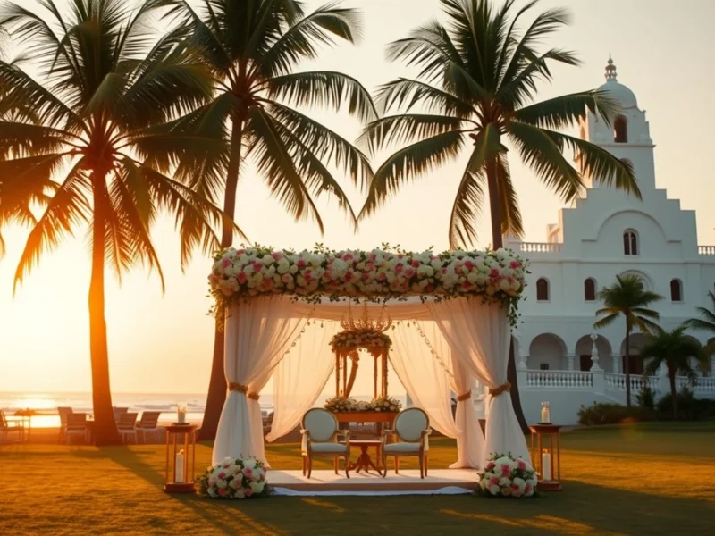 Elegant Goa beach-resort wedding mandap with palm trees and Portuguese-style architecture at golden hour