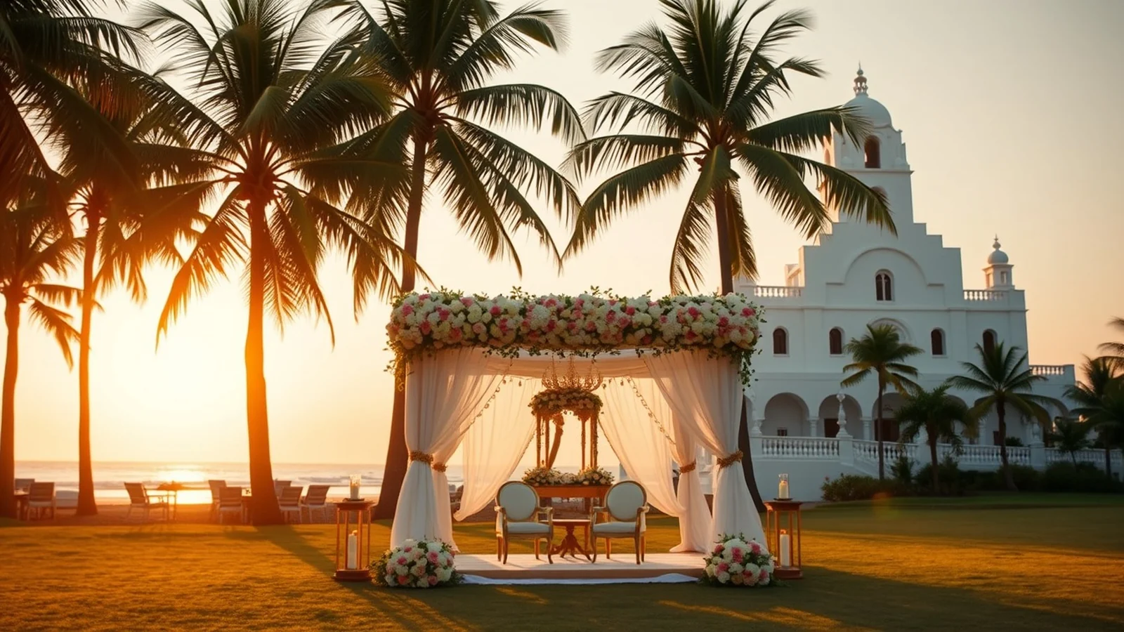 Elegant Goa beach-resort wedding mandap with palm trees and Portuguese-style architecture at golden hour