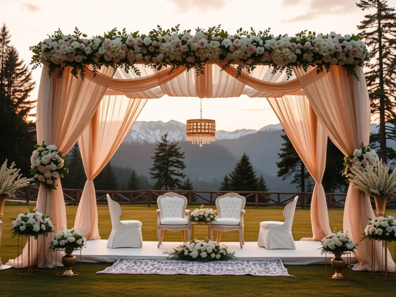 Hill-station wedding mandap on a Shimla resort lawn with pine forests and Himalayan peaks at golden hour