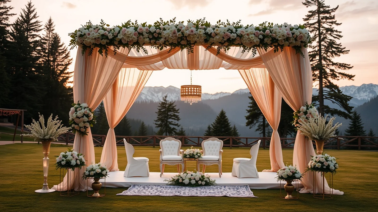 Hill-station wedding mandap on a Shimla resort lawn with pine forests and Himalayan peaks at golden hour