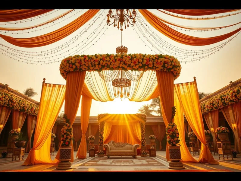 Opulent Indian wedding mandap in a Bhopal heritage-hotel courtyard with gold and rose floral decor