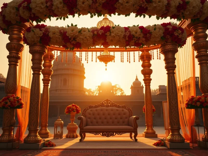 Odia Indian wedding mandap in Odisha with temple-town heritage architecture and gold floral decor