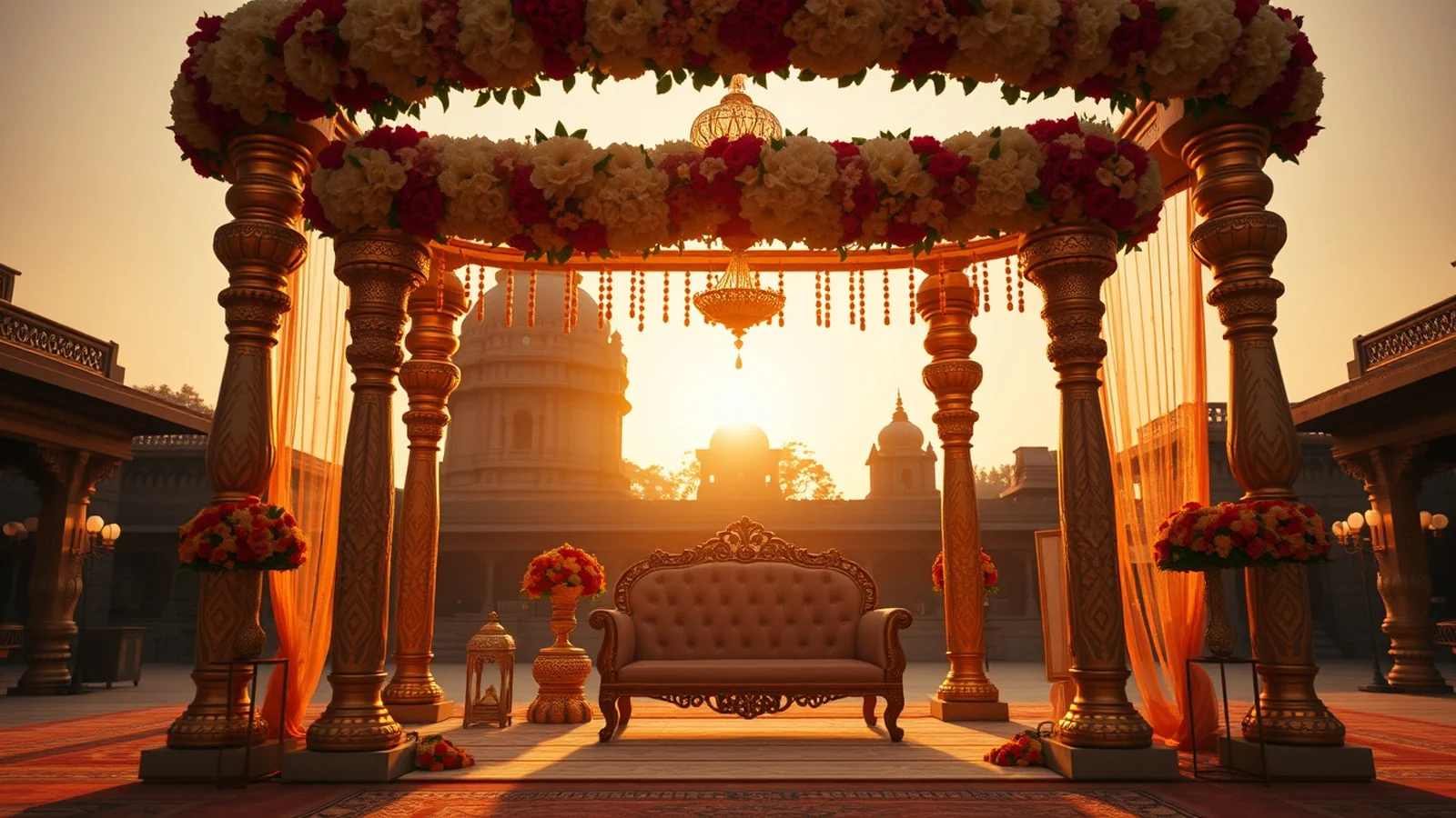 Odia Indian wedding mandap in Odisha with temple-town heritage architecture and gold floral decor