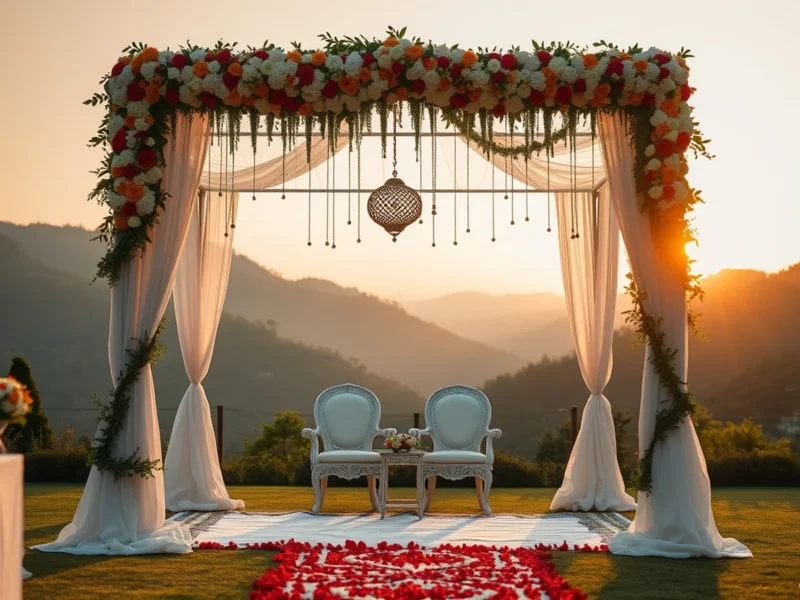 Hill wedding mandap on a Uttarakhand Doon Valley resort lawn with Himalayan foothills at golden hour