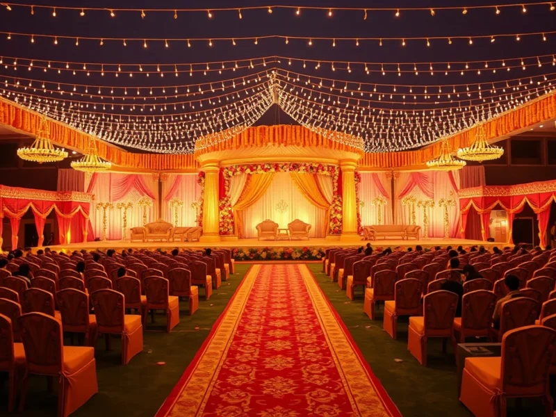 A large festive North Indian wedding stage at a grand Meerut banquet lawn at golden hour