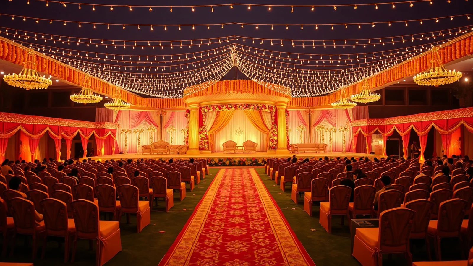 A large festive North Indian wedding stage at a grand Meerut banquet lawn at golden hour