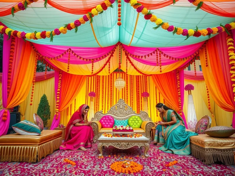 A colourful Indian mehendi function setup with a boho canopy and floral decor