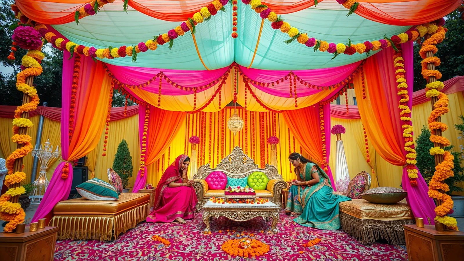 A colourful Indian mehendi function setup with a boho canopy and floral decor
